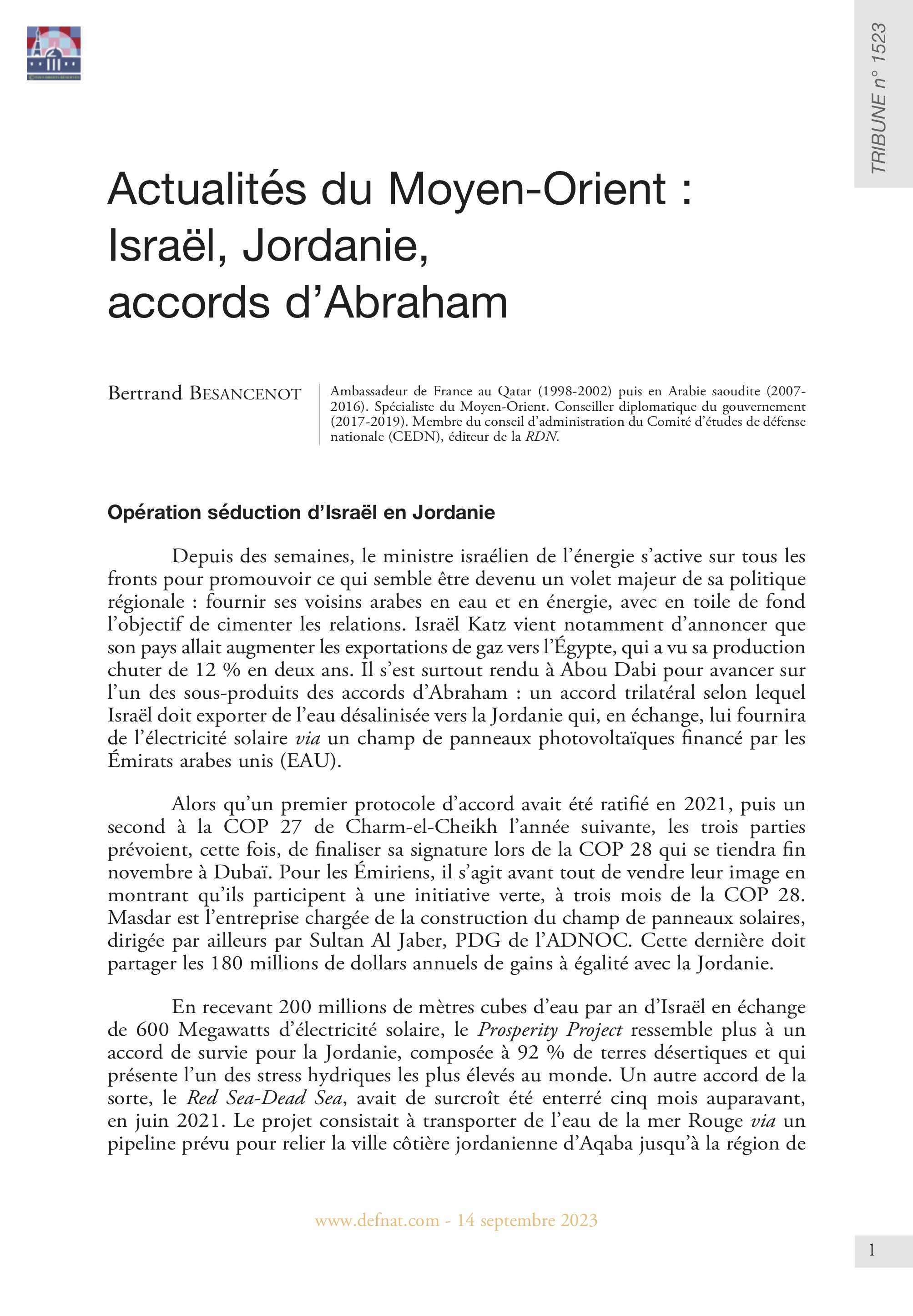 Actualités du Moyen-Orient : Israël, Jordanie, accords d’Abraham (T 1523)
